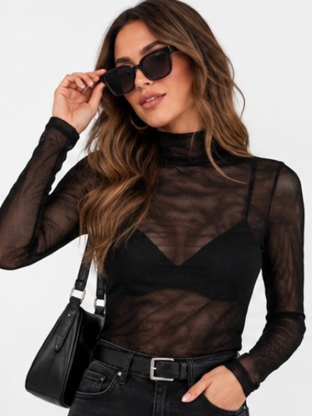 ON 34TH Black Sheer Mesh Mock Neck Long Sleeve Top NWT